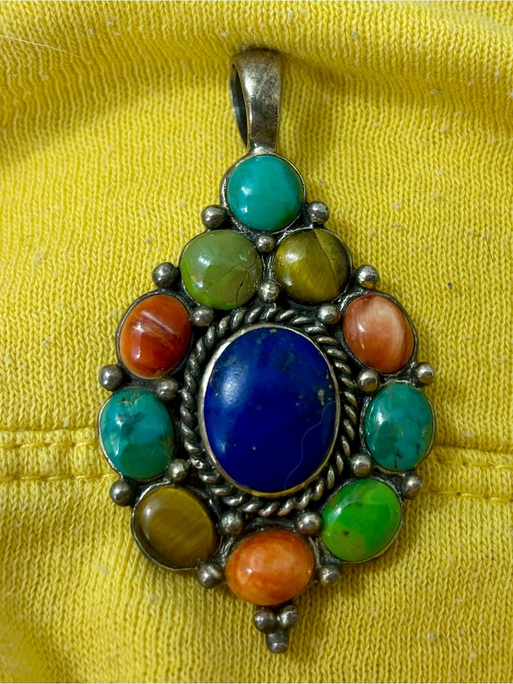 Navajo Silver Pendant with Lapis, Coral, Tiger’s Eye, and Mojave Turquoise - Picture 2 of 3
